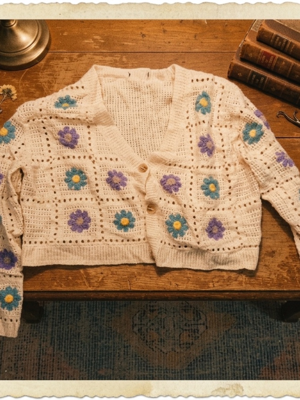 Source Unknown Cream Crochet Cardigan with Purple and Teal Flower Accents
